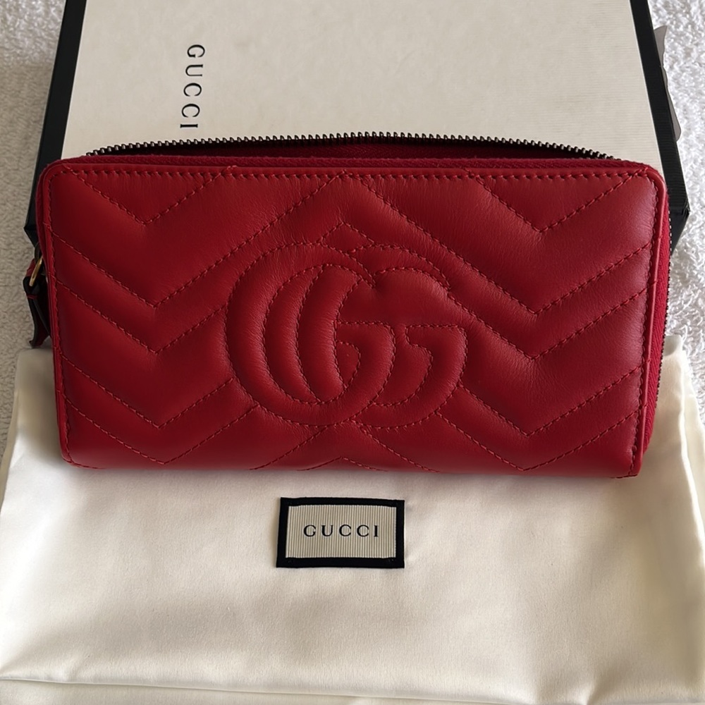 Gucci Calfskin Matelasse GG Marmont Zip Around Wallet Hibiscus Red - Picture 5 of 16